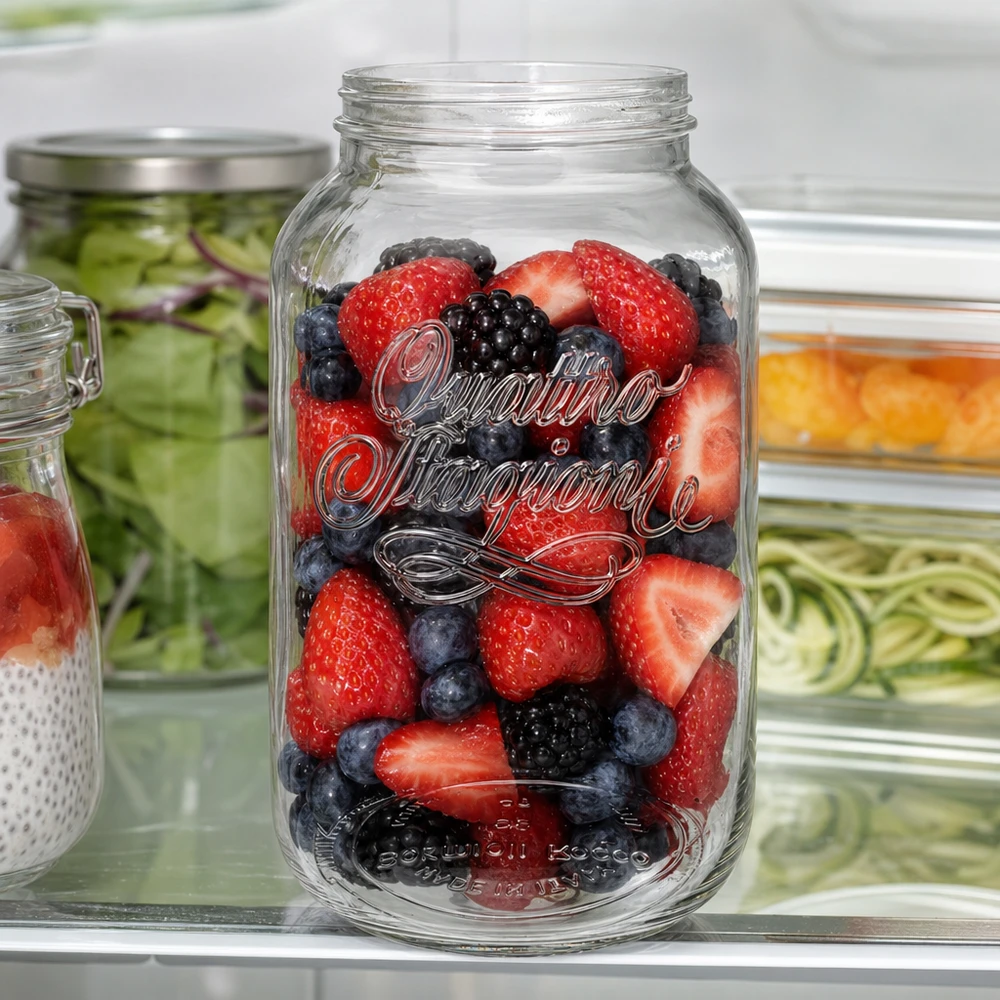 Vaso casalingo Quattro Stagioni da 3800 ml riempito di frutti di bosco freschi in frigorifero come contenitore per la frutta