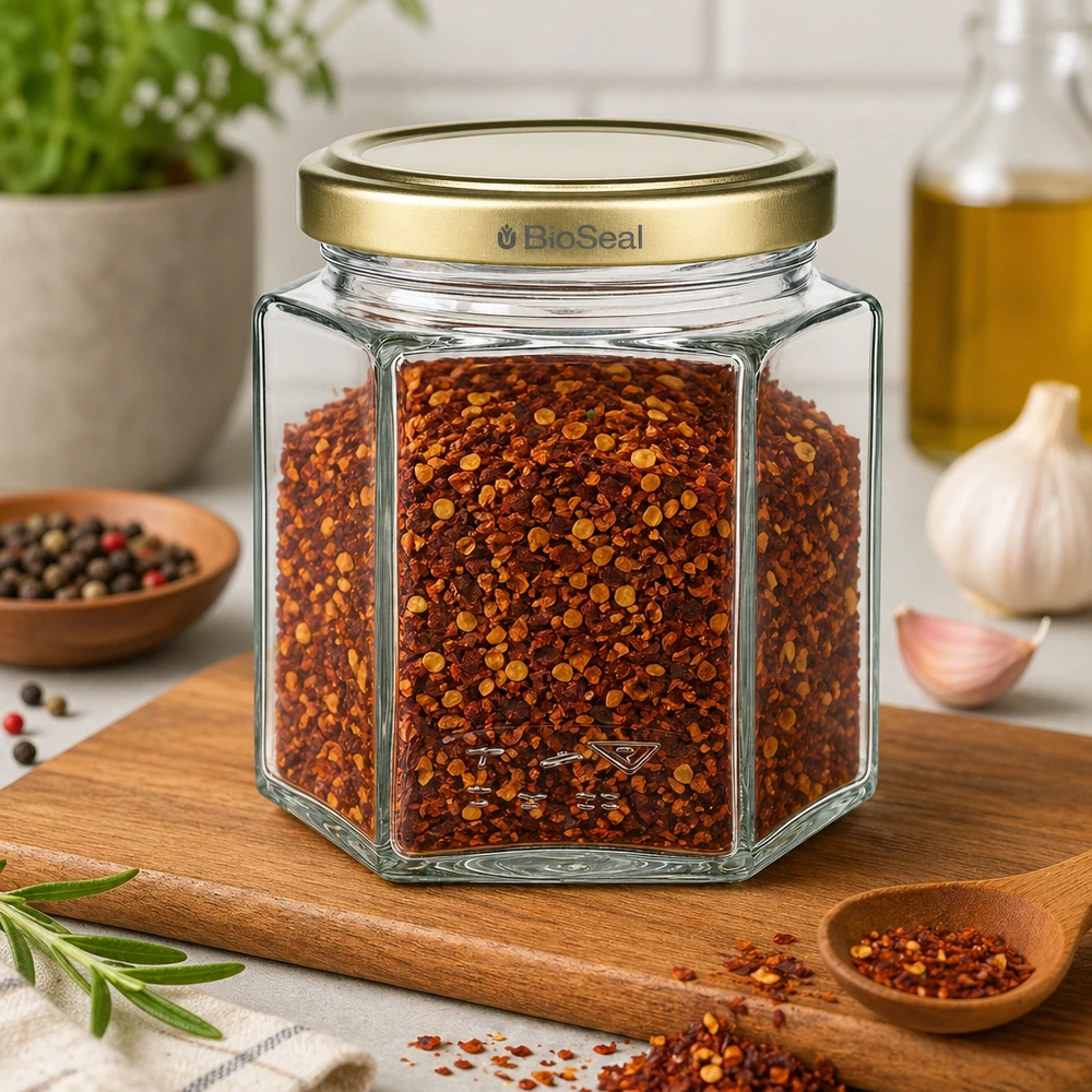Vasetto per miele da 520 g con capsula dorata BioSeal UNiTWIST Il barattolo BioSeal da 520 g riempito di fiocchi di peperoncino mostra un uso versatile per le spezie e la conservazione