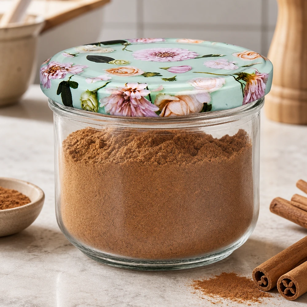 260ml tumbler + BasicSeal coperchio fiore menta UNiTWIST Bicchieri da 260 ml con coperchi a fiore BasicSeal riempiti con polvere di spezie alla cannella, bastoncini di cannella come decorazione sui banconi della cucina