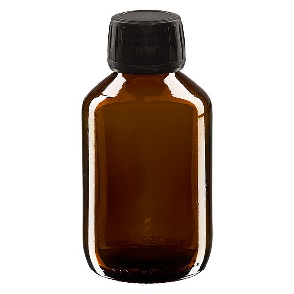 Flacone per medicinali da 150 ml, marrone, tappo nero con tappo originale Flacone per medicinali da 150 ml, marrone, tappo nero con tappo originale