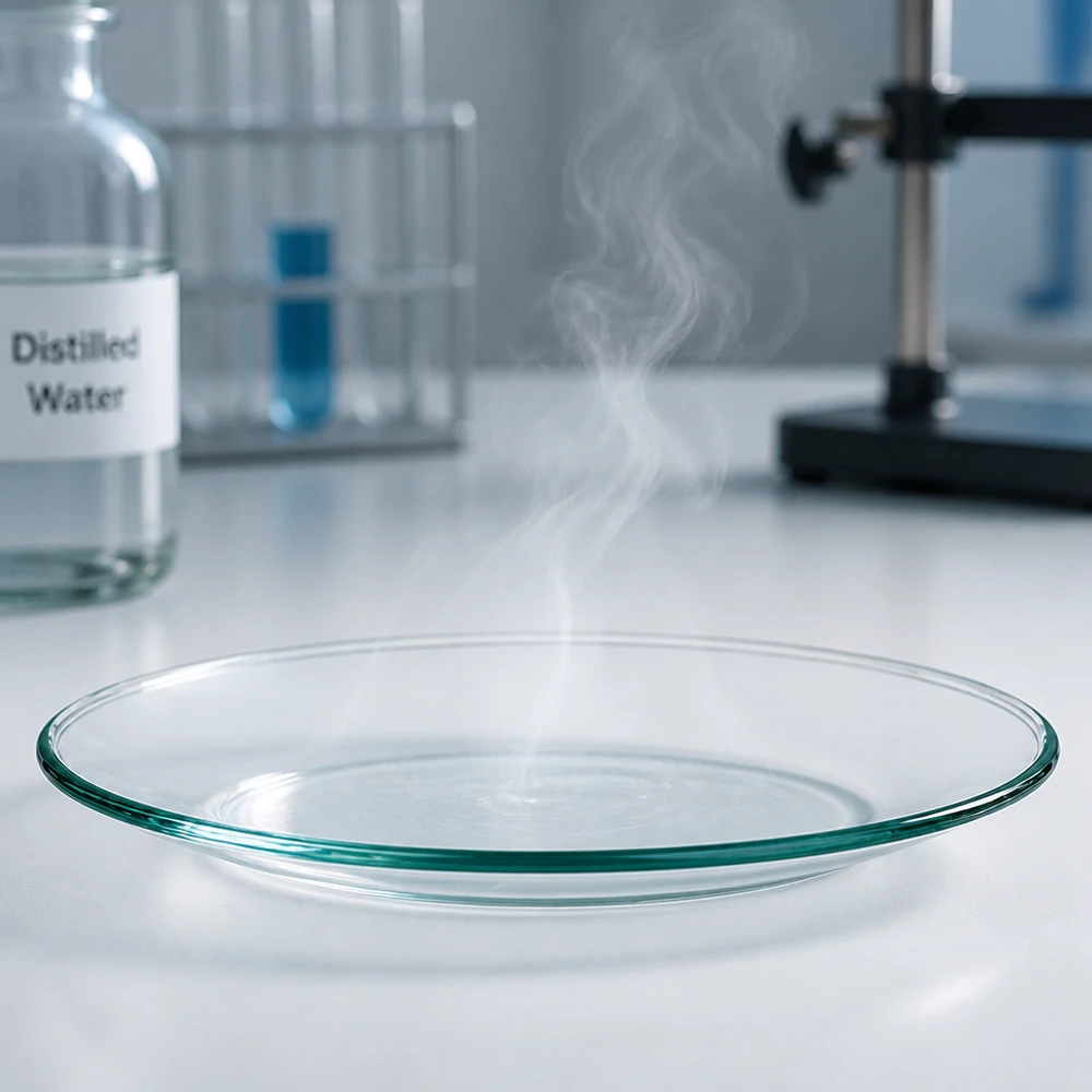 Piatto in vetro per orologio Ø 80 mm Guarda il piatto di vetro da 80 mm con vapore ascendente mostra l'applicazione termica in laboratorio