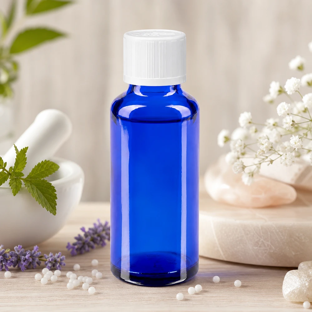Piccolo flacone in vetro blu da 30 ml con tappo a vite bianco, tra lavanda ed erbe medicinali