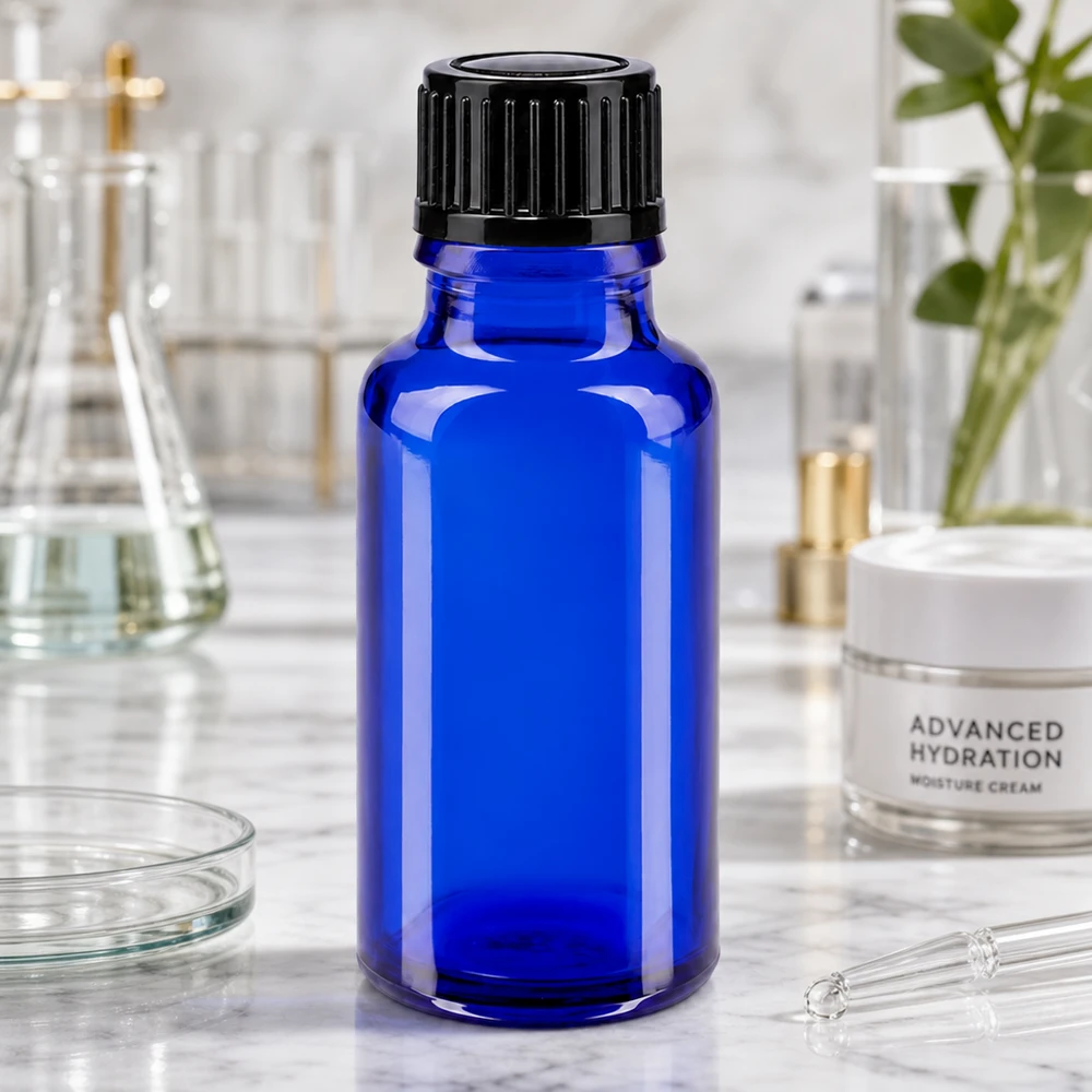 Bottiglia da farmacia blu da 20ml. SV STD nero/11mm ApoGlas Flacone da farmacia da 20 ml in vetro blu cobalto con tappo a vite scanalato in ambiente di laboratorio