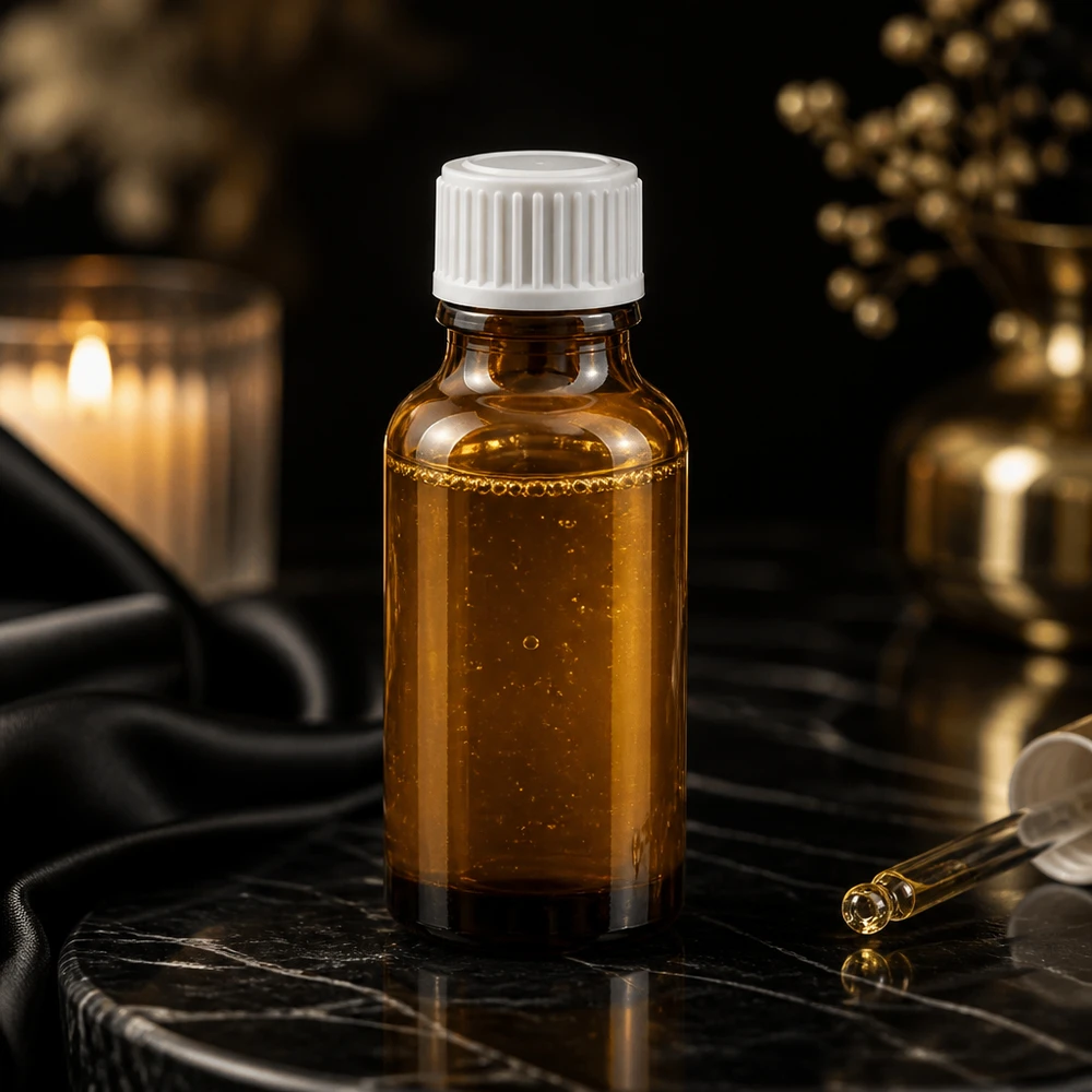 Flacone di vetro marrone da 20 ml con tappo di sicurezza per bambini bianco su fondo di marmo nero