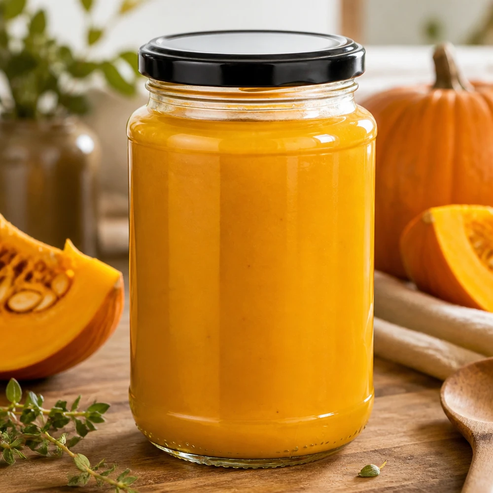 Prodotto stagionale a base di zucca in barattolo da 320 ml UNiTWIST BasicSeal nero, accanto a ingredienti freschi