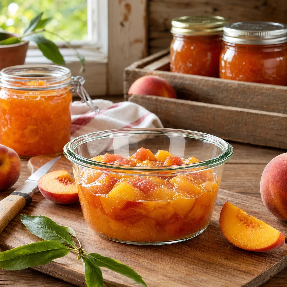 WECK RR100 Barattolo gourmet da 290 ml pieno di marmellata di pesche su una tavola di legno accanto a pesche fresche in una cucina rustica