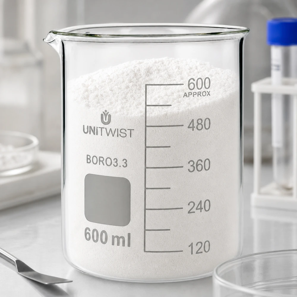 Bicchiere da laboratorio UNiTWIST da 600 ml, riempito con polvere bianca oltre il segno dei 600 ml, in borosilicato