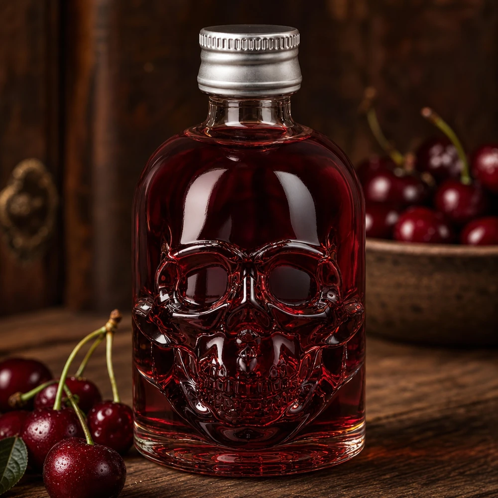 Bottiglia in vetro da 50 ml Hector con tappo a vite argento UNiTWIST® Bottiglia di vetro Hector da 50 ml con liquido rosso ciliegia e tappo argentato tra ciliegie fresche su un tavolo di legno