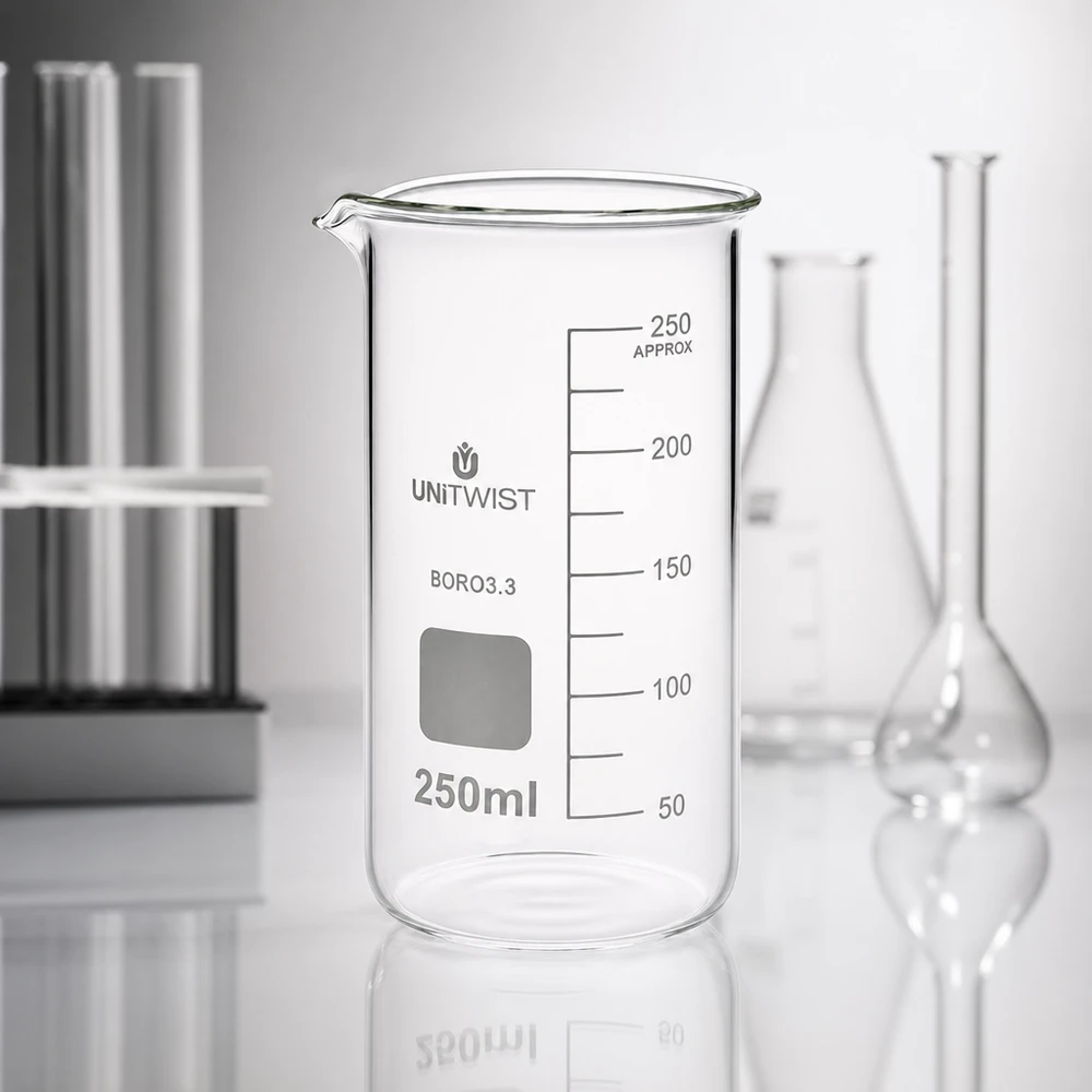 Vaso di vetro UNITWIST da 250 ml, forma alta, in borosilicato, con scala di misurazione, accanto a un matraccio di Erlenmeyer in laboratorio