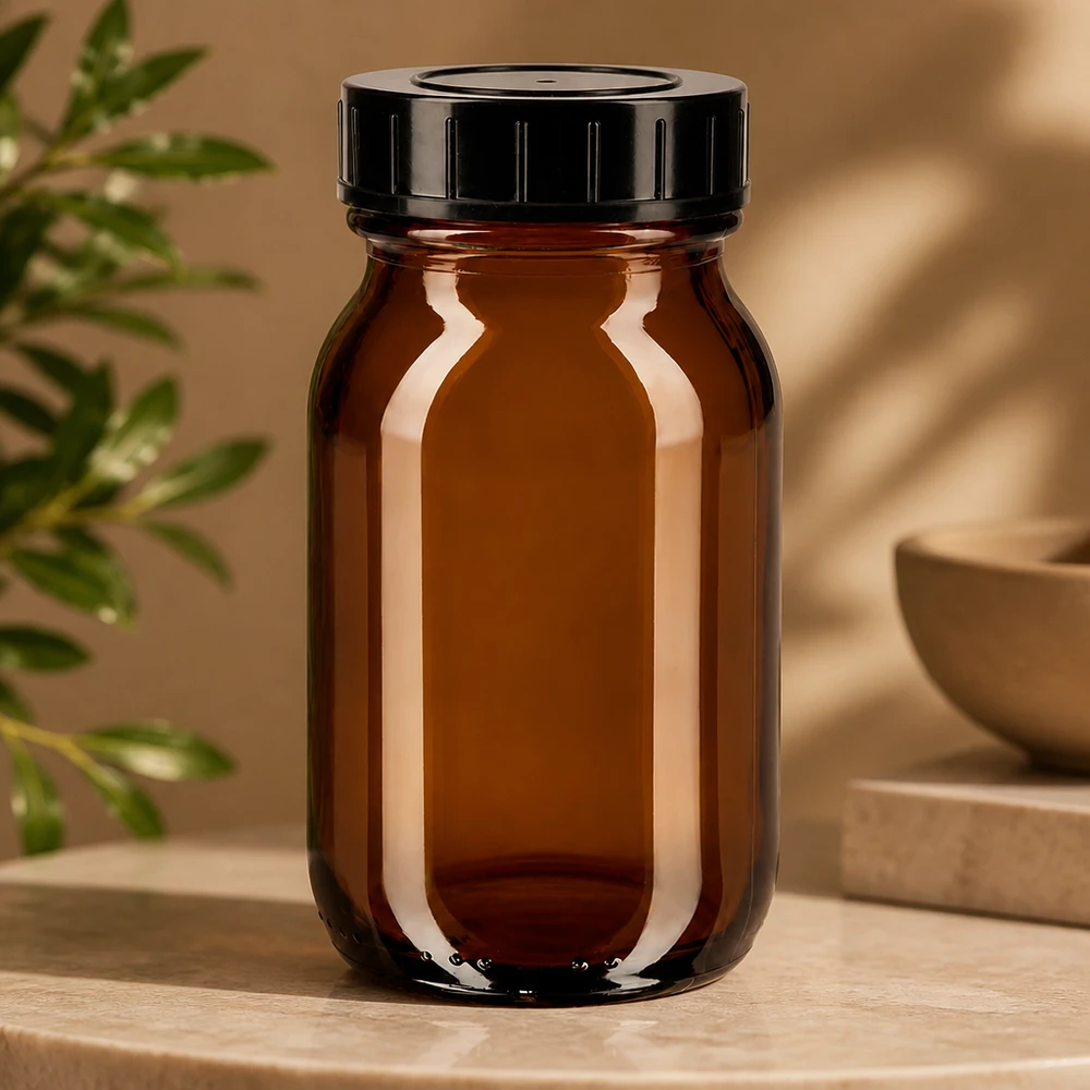 Bottiglia a collo largo da 100 ml in vetro ambrato con tappo a vite Flacone da farmacia da 100 ml in vetro ambrato con protezione dai raggi UV e coperchio nero a tenuta stagna