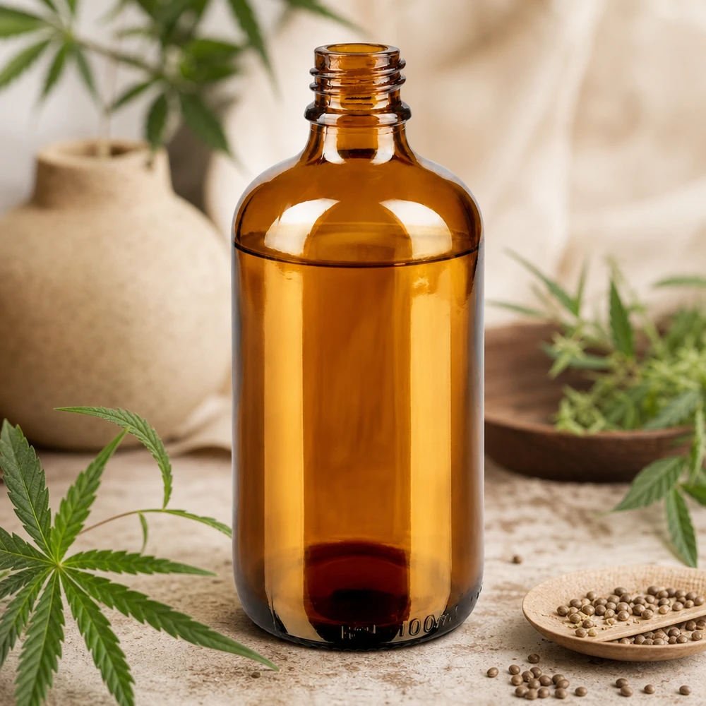 Flacone farmaceutico ambrato da 100 ml ApoGlas Bottiglia da farmacia marrone da 100 ml ApoGlas con piante di canapa e semi di coriandolo su tavolo di legno