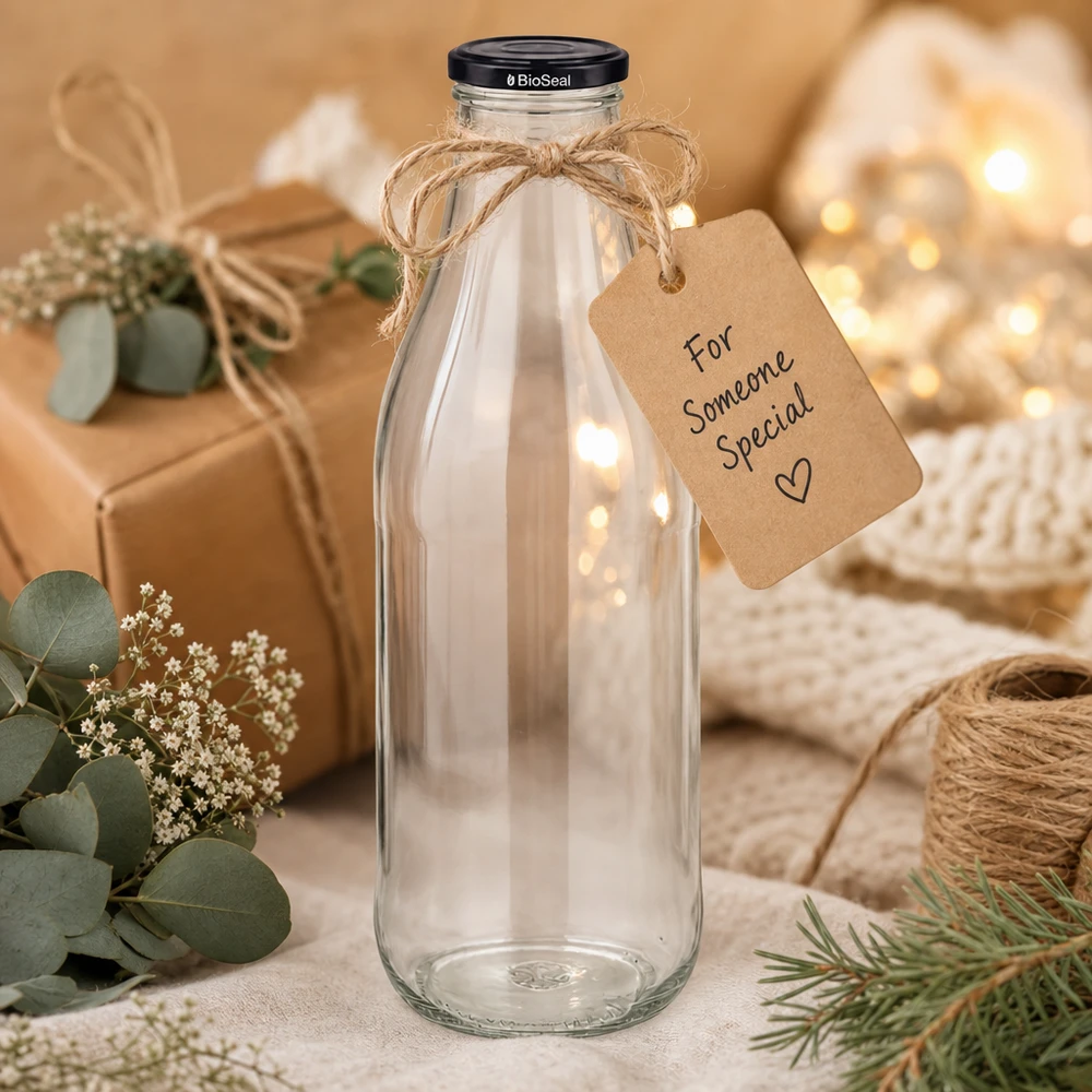 Bottiglia di vetro da 1000 ml + coperchio BioSeal nero UN.. Bottiglia di vetro da 1000 ml con coperchio nero confezione regalo cordoncino di iuta decorazione ciondolo sostenibile eco-compatibile