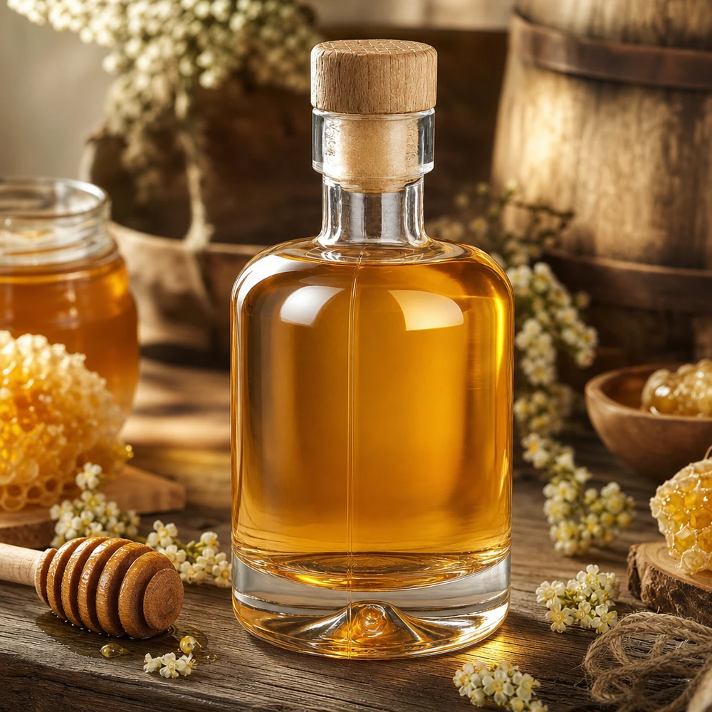 Bottiglia in vetro da 50 ml Amelie con tappo in sughero con impugnatura in legno UNiTWIST Bottiglia in vetro da 50 ml di Amelie riempita di miele e circondata da miele in favo e fiori secchi rustici.