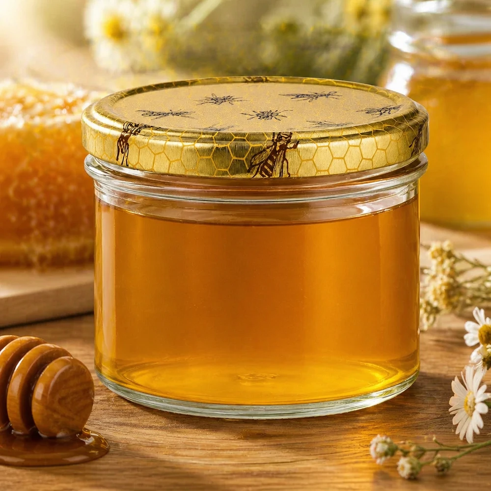 Vasetto per miele da 250 g con capsula con motivo a favo BasicSeal UNiTWIST Vasetto di miele da 250 g con coperchio a nido d'ape riempito di miele dorato accanto a cucchiaio di miele e fiori di camomilla