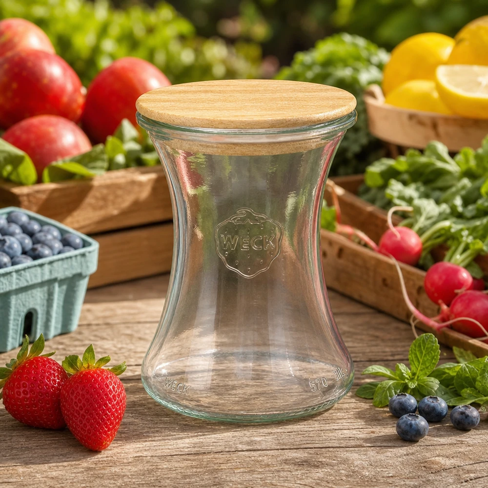Vaso per salumeria WECK 370ml RR80 con coperchio in legno su tavolo in legno tra fragole fresche, mirtilli e verdure