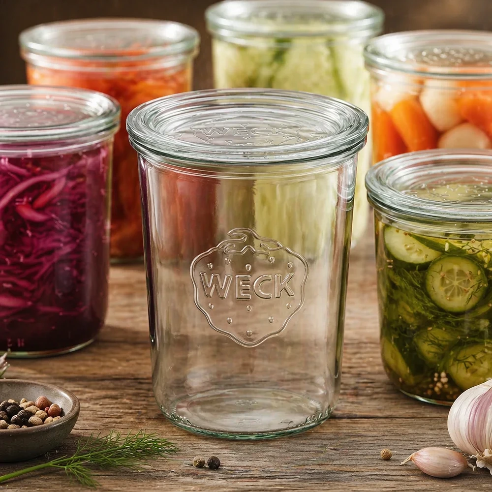 Barattolo di vetro da 850 ml con coperchio in vetro WECK RR100 WECK Sturzglas 850ml RR100 mit eingelegtem Gemüse und Gewürzen zeigt Einmachen und Fermentieren im Haushalt