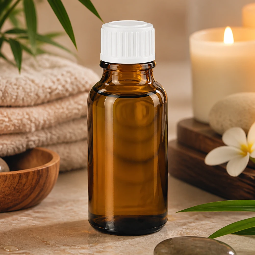 Flacone da farmacia in vetro marrone da 20 ml con tappo bianco, appoggiato su una superficie di marmo accanto a una candela e a una plumeria