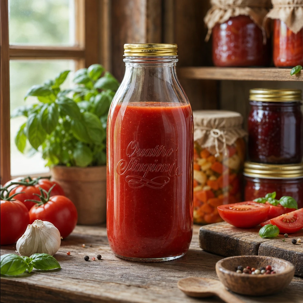 Quattro Stagioni 1000ml bottiglia di vetro riempita con salsa di pomodoro in cucina rustica con pomodori freschi ed erbe aromatiche