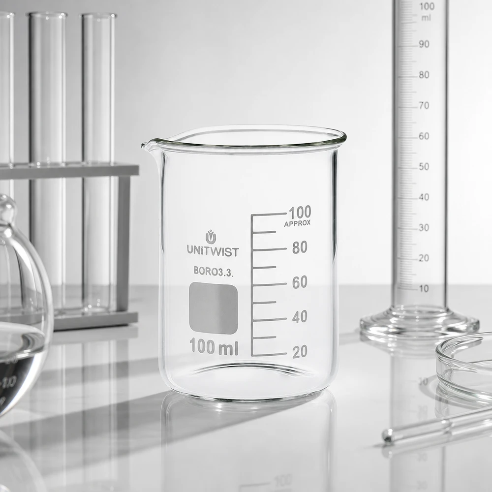 Becher vuoto da 100 ml in borosilicato 3.3, forma bassa, con scala in millilitri, per uso di laboratorio