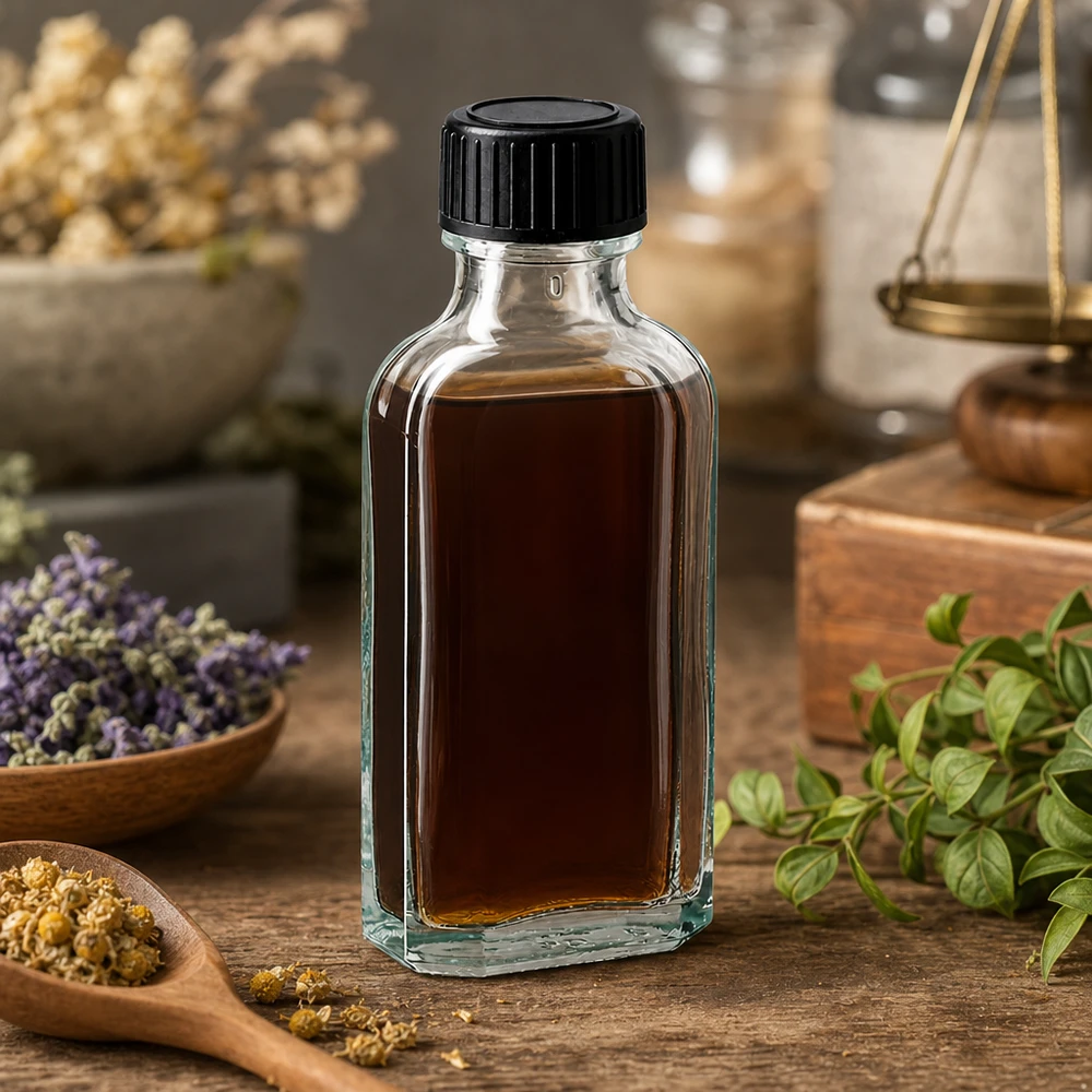 Flacone di vetro rettangolare trasparente da 50 ml con disco sigillante LKD tra erbe medicinali essiccate