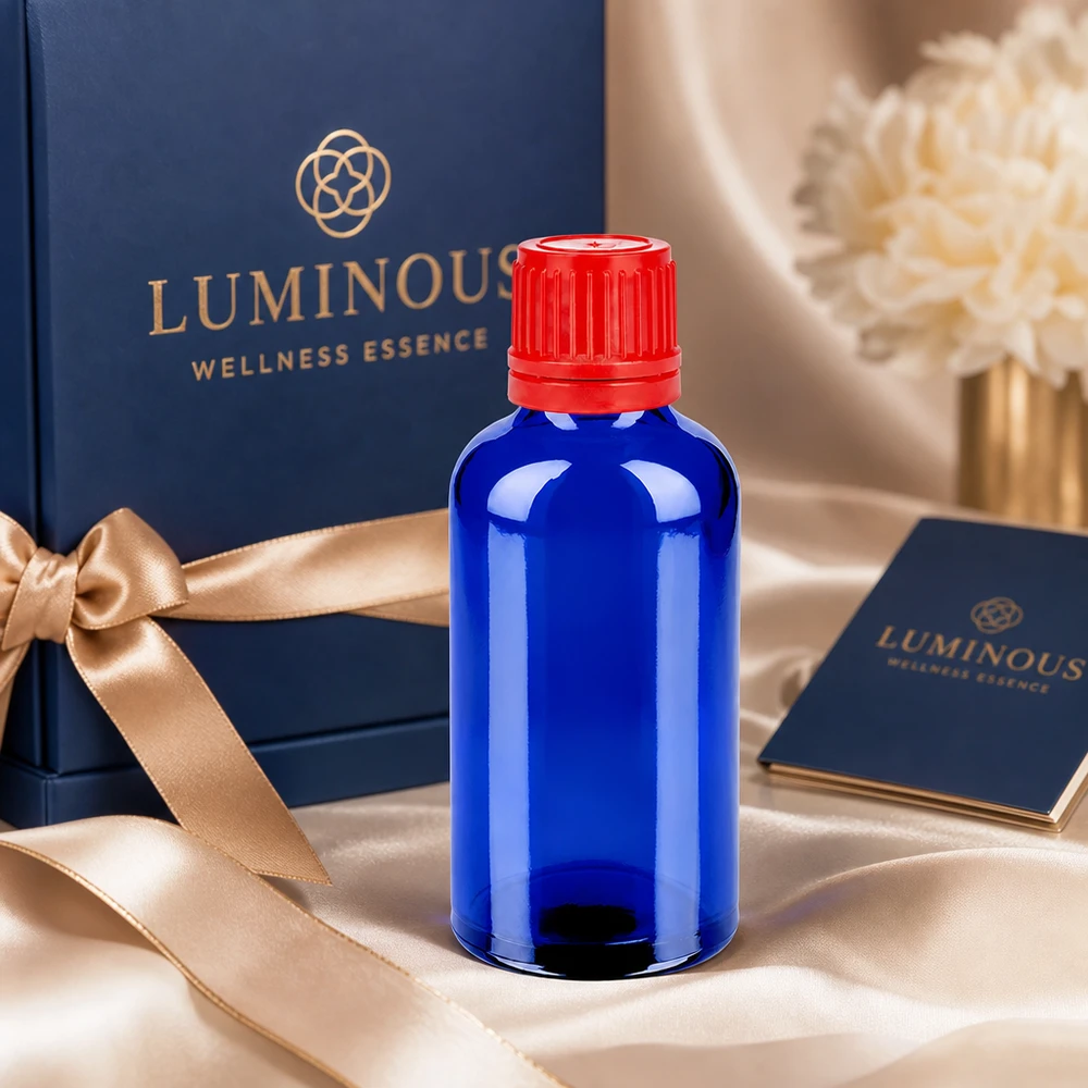 Bottiglia da 50ml 11mm SV rosso OV BlueLine UT18/50 Elegante flacone da 50 ml blu trasparente con tappo rosso SV 11 mm OV BlueLine UT18/50