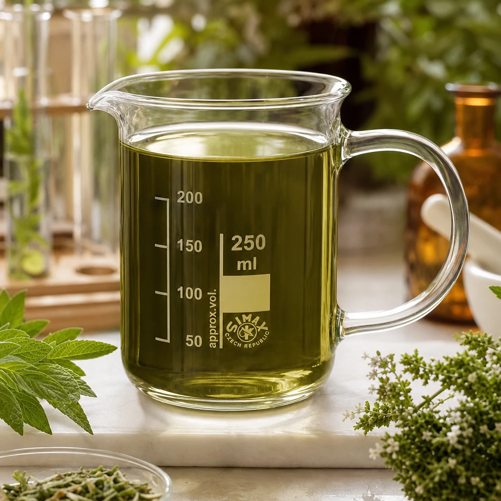 Bicchiere da 250 ml in vetro borosilicato, con manico Bicchiere da laboratorio da 250 ml con manico, contenente un estratto di erbe verdi accanto a erbe medicinali fresche