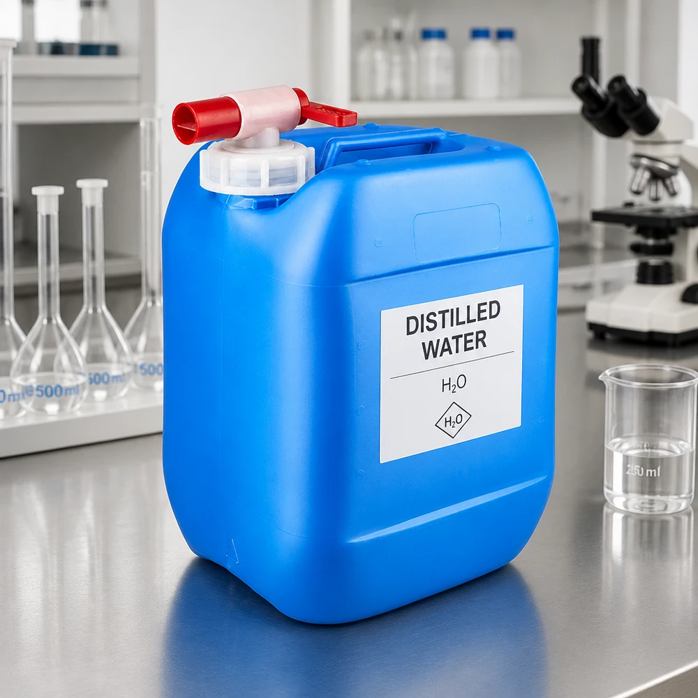 Acqua distillata in tanica blu da 10 litri con rubinetto di scarico in ambiente di laboratorio