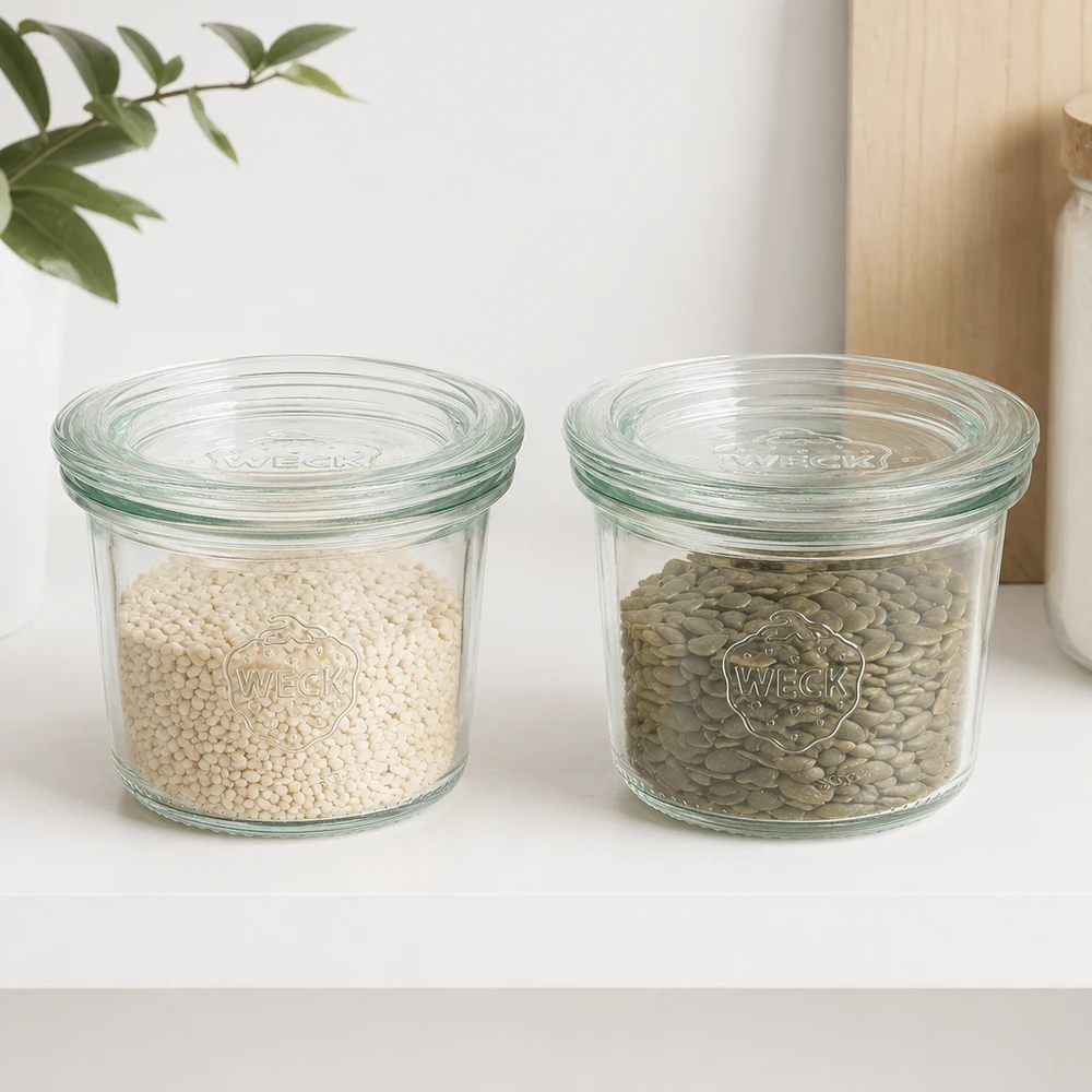 I tumbler WECK 80ml RR60 riempiti di lenticchie e riso mostrano la pratica conservazione di legumi e cereali