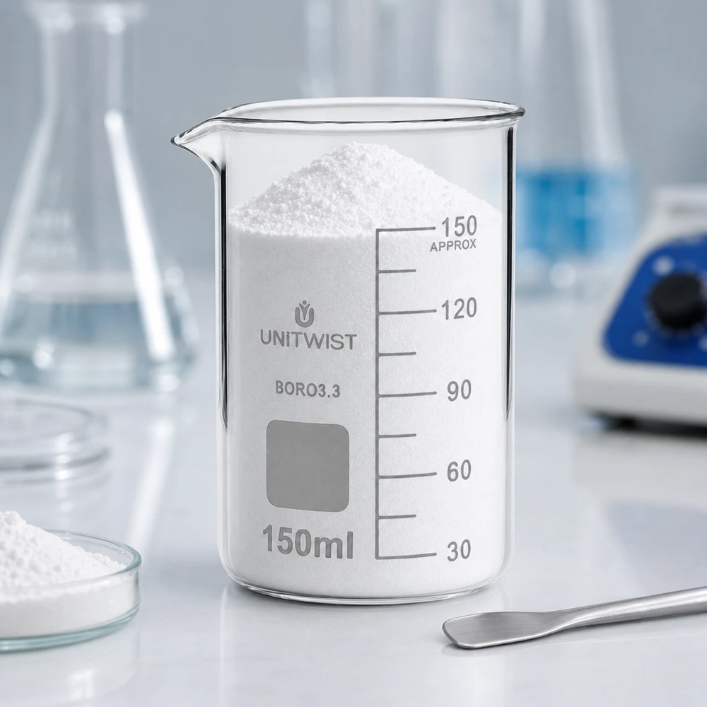 Vaso di vetro UNITWIST da 150 ml, forma alta, in borosilicato, riempito di polvere bianca su un banco da lavoro di laboratorio