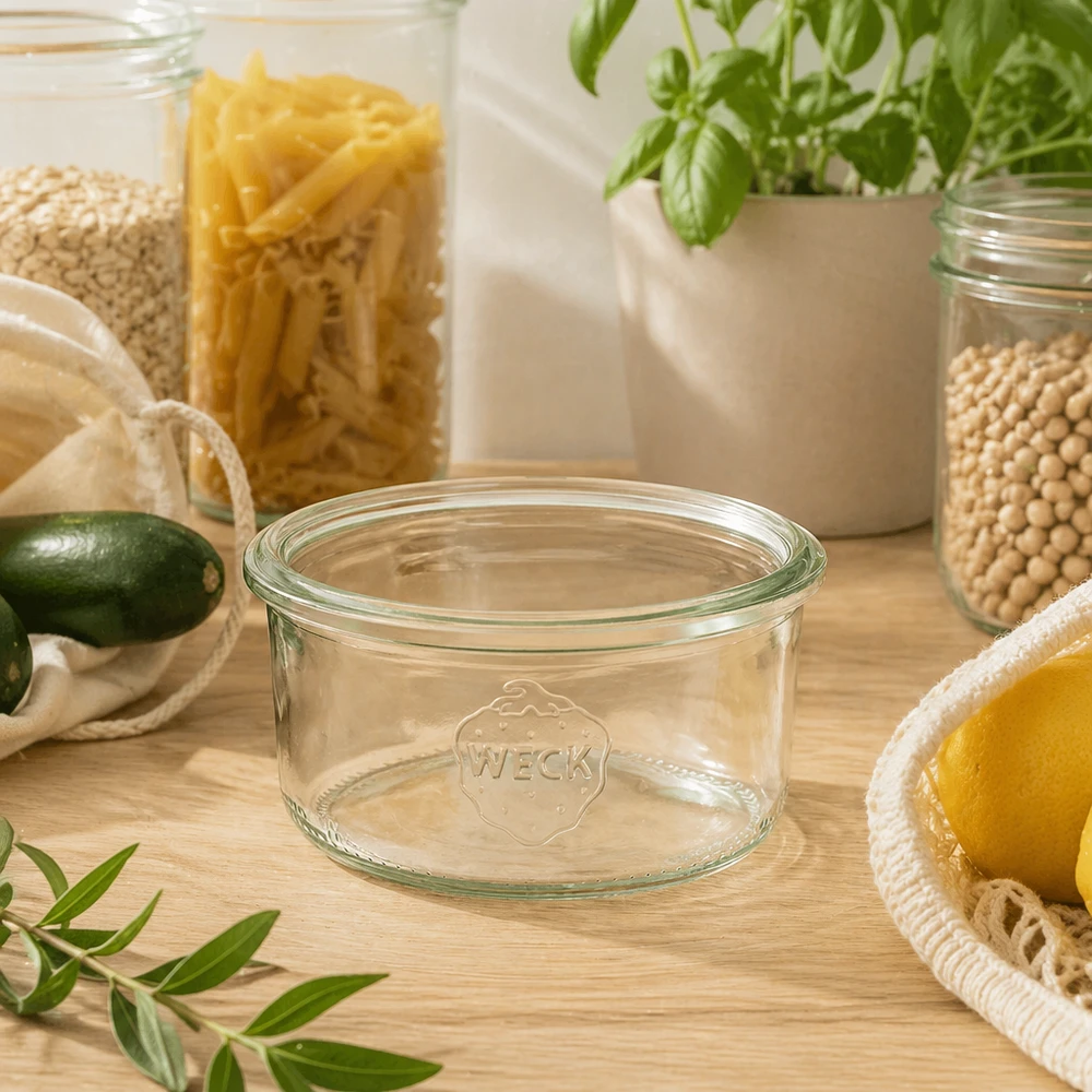 Bicchieri in vetro trasparente WECK da 165 ml RR80 su un tavolo di legno con utensili da cucina sostenibili e barattoli di conservazione