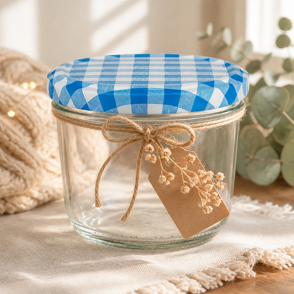 Bicchieri da 230 ml + coperchio BasicSeal blu/bianco UN... Bicchieri da 230 ml con coperchio BasicSeal blu e bianco, decorati con spago di iuta e cartellino in carta kraft come confezione regalo.