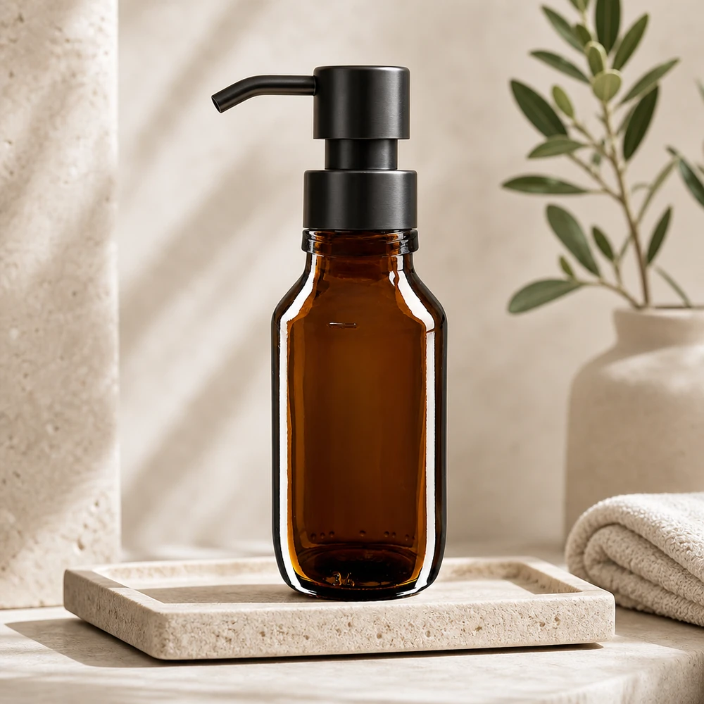 Flacone per medicinali da 50ml marrone, senza tappo PP28 ApoGlas Flacone in vetro marrone da 50 ml con dosatore a pompa nero per cosmetici e trattamenti della pelle ApoGlas PP28