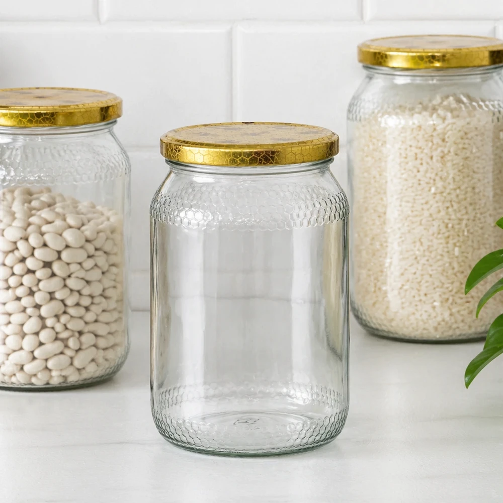 Vasetto per miele da 1260 g con capsula bianca BasicSeal UNiTWIST Barattoli per miele da 900 ml con coperchi a nido d'ape BasicSeal organizzati come barattoli per la conservazione di fagioli e riso in dispensa