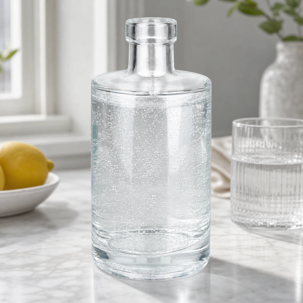 Bottiglia in vetro da 350 ml Marie senza tappo UNiTWIST® 350ml Glasflasche Marie mit Sprudelwasser gefüllt neben Zitrone und Glas stilvolle Tischszene Bild 9 von 10