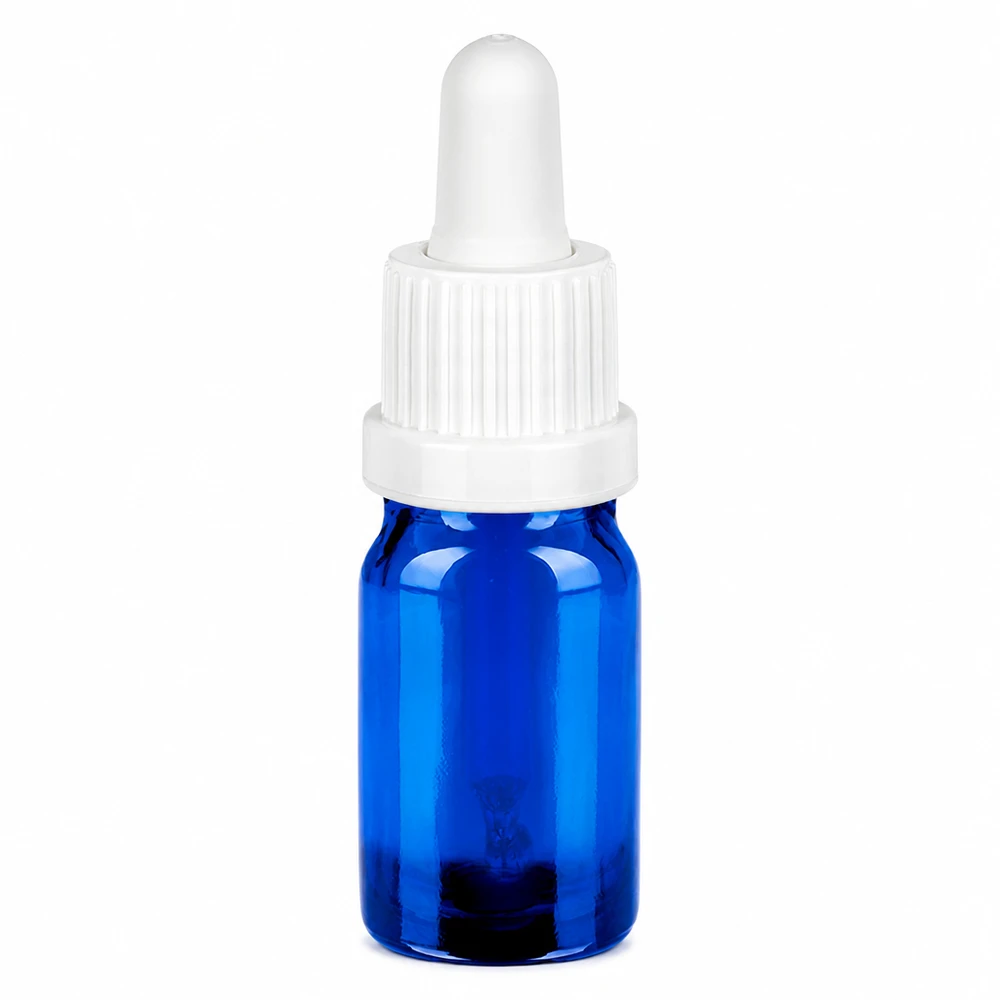 Flacone per pipette da 5 ml bianco OV BlueLine UT18/5 Elegante flacone in vetro blu con tappo a pipetta bianco per un dosaggio preciso del liquido