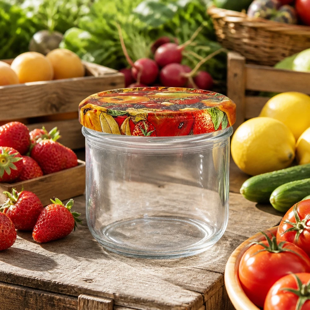 Bicchieri da 260 ml + coperchio BasicSeal per frutta UN.. Bicchieri vuoti da 260 ml con coperchio con decoro di frutta circondati da frutta e verdura fresca su un tavolo di legno