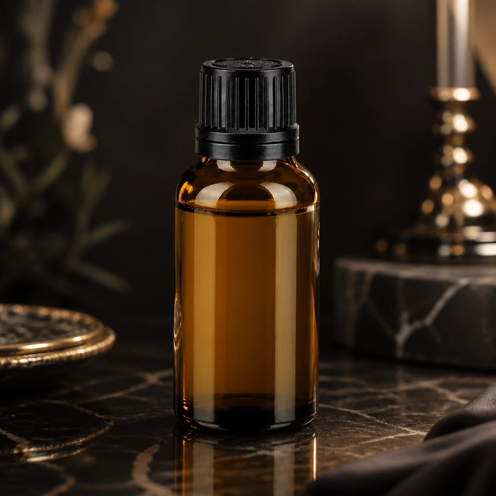 Flacone contagocce da 20 ml in vetro ambrato con tappo di sicurezza nero a prova di bambino su base in marmo