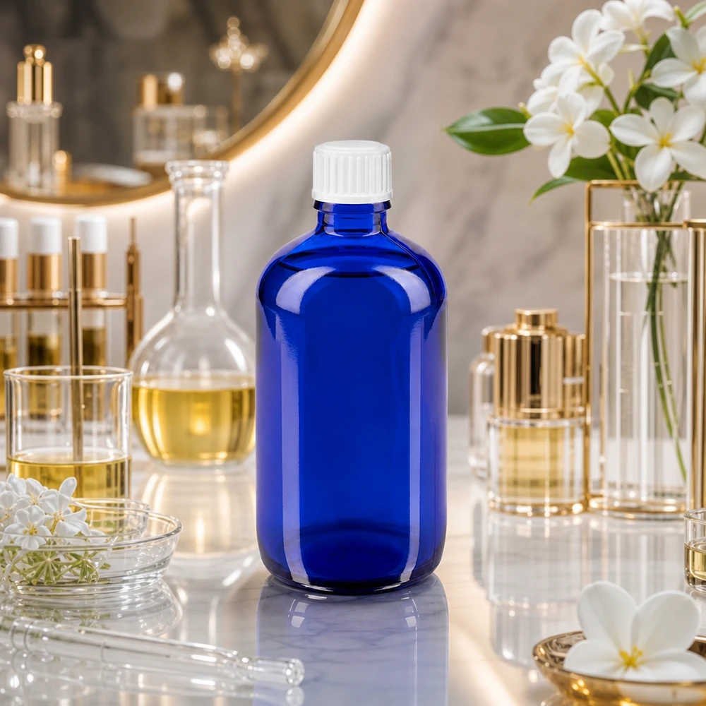 Flacone da farmacia da 100 ml blu cobalto con tappo standard bianco in ambiente di laboratorio