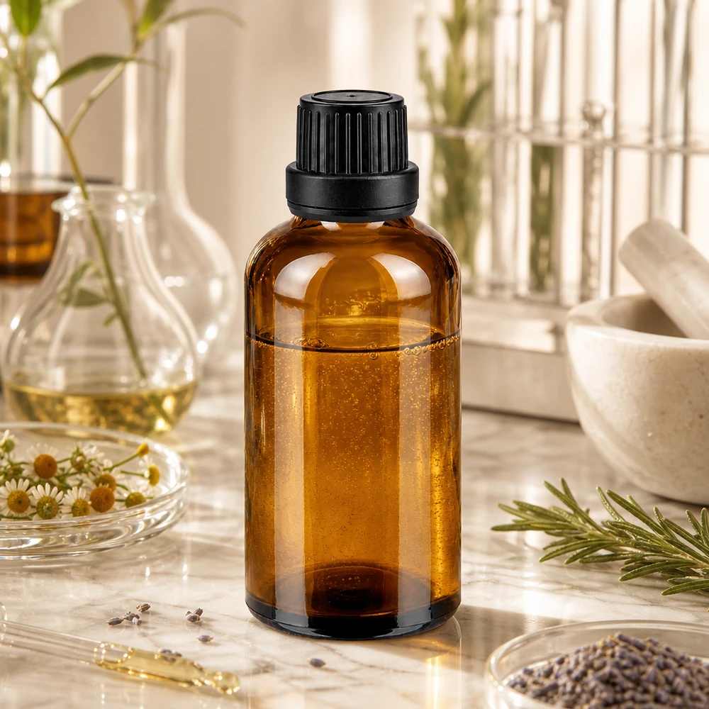 Bottiglia di vetro marrone da 50 ml con tappo a vite nero accanto a rosmarino, camomilla e lavanda su marmo