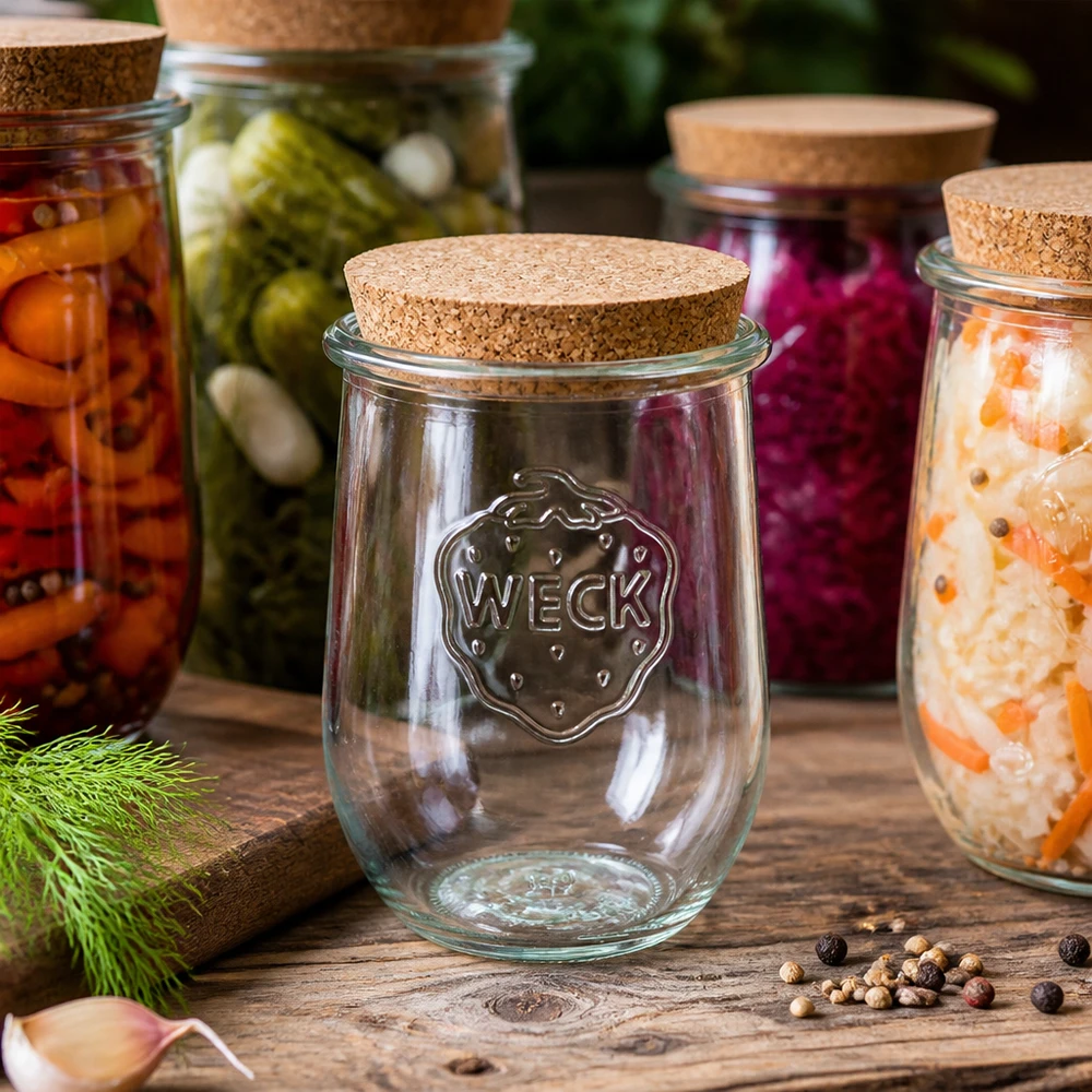 Vaso per tulipani da 1062 ml WECK RR100 con sughero naturale Vaso a tulipano WECK RR100 da 1062 ml con tappo in sughero tra colorati vasi di fermentazione di verdure sottaceto su un tavolo di legno