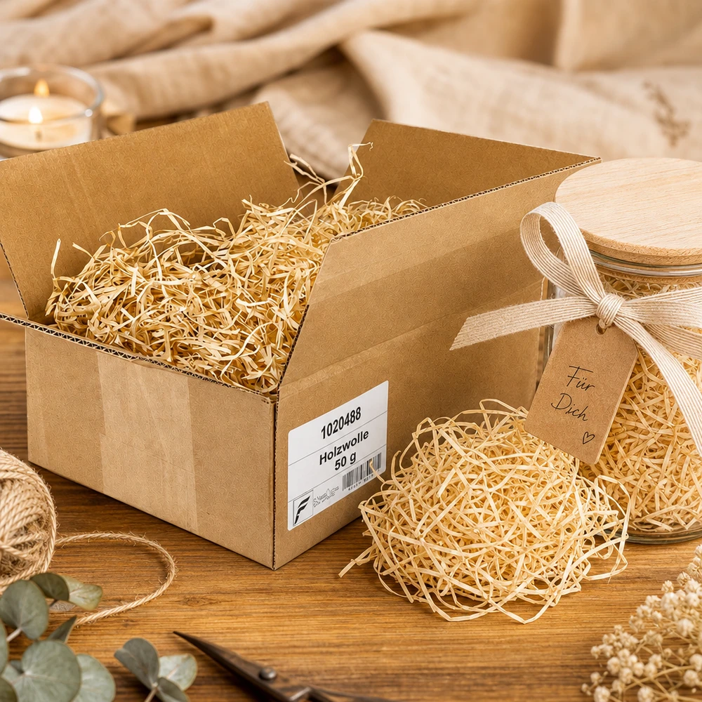 Lana di legno 50g in confezione regalo con fiocco ed etichetta Per voi su tavolo di legno con candela e decorazione
