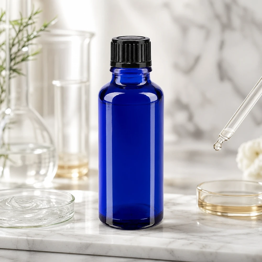 Flacone contagocce blu da 30 ml STD nero/1mm ApoGlas Flacone contagocce sottile da 30 ml in vetro da farmacia blu cobalto con tappo a vite nero su sfondo marmorizzato