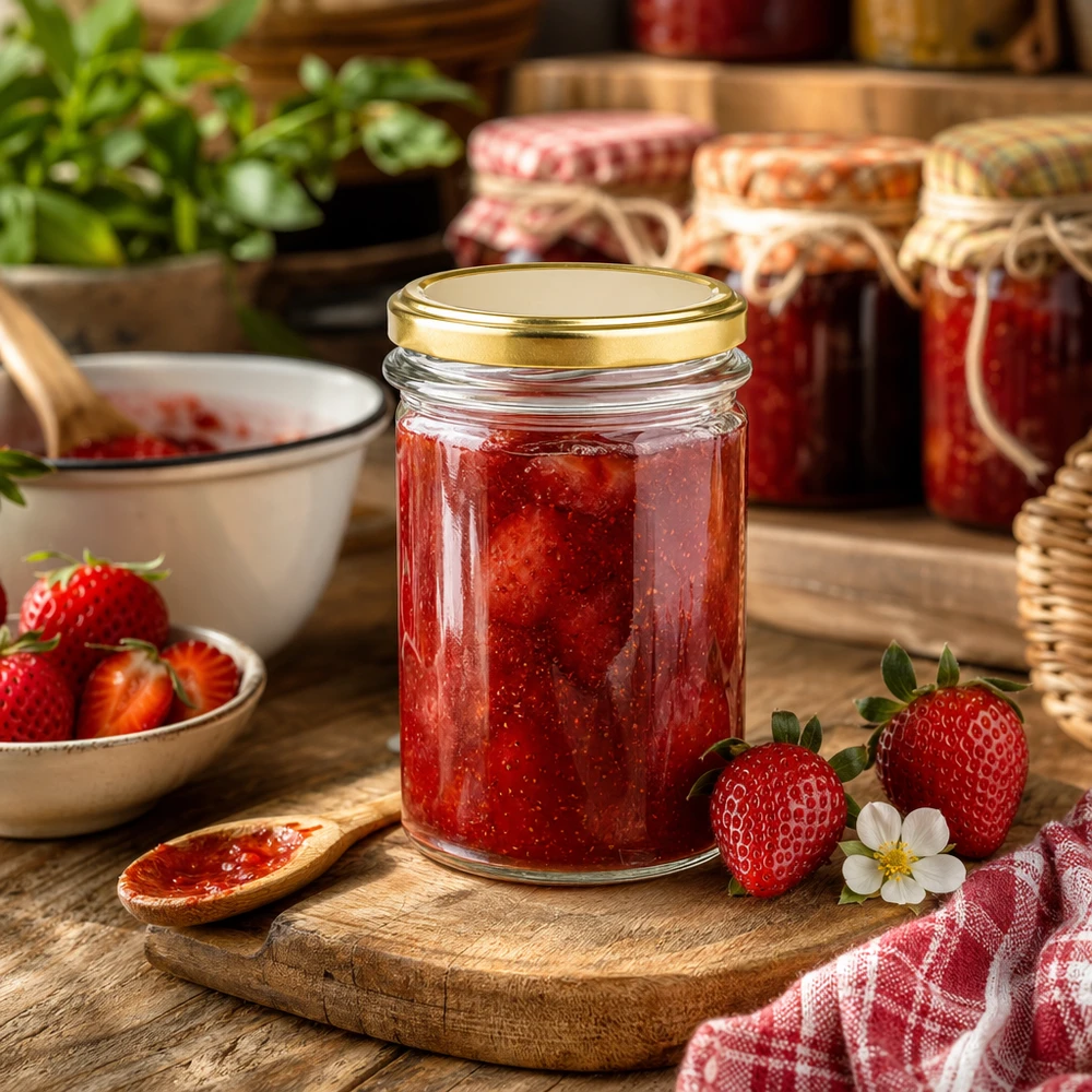Bicchieri da 230 ml con coperchio BasicSeal oro UNiTWIST Vasetto da 230 ml con coperchio BasicSeal dorato UNiTWIST riempito di marmellata di fragole accanto a fragole fresche