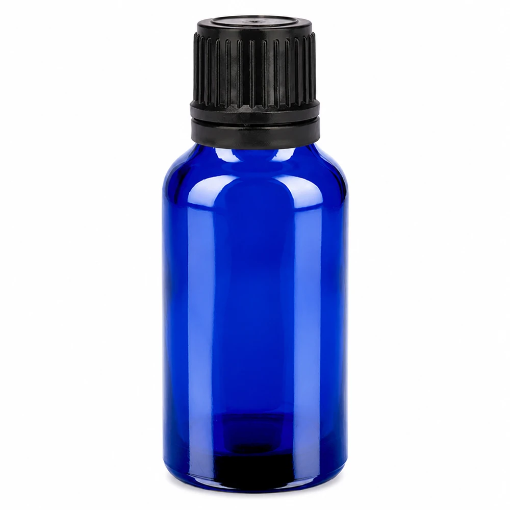Bottiglia da 20ml 11mm SV nero OV BlueLine UT18/20 Flacone compatto da 20 ml con tappo nero scanalato per conservare i liquidi in modo sicuro