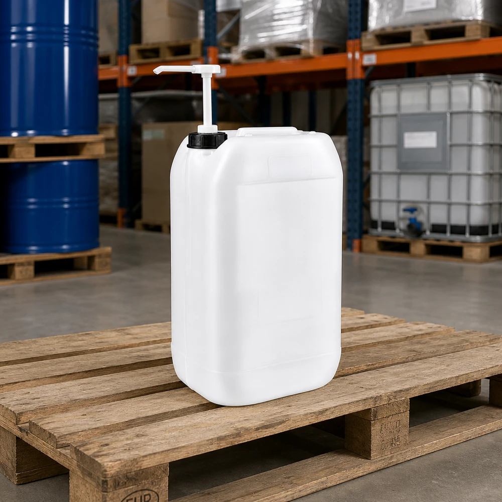 Tanica da 15 litri con pompa dosatrice Tanica da 15 litri con pompa dosatrice su pallet di legno in un magazzino, tra fusti industriali