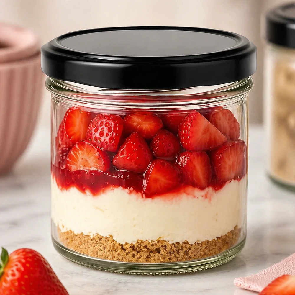 Bicchieri da 125 ml con coperchio BasicSeal nero UNiTWIST. Bicchieri da 125 ml con coperchio nero BasicSeal come vasetto da dessert con fragole, crema e cheesecake a base di biscotti
