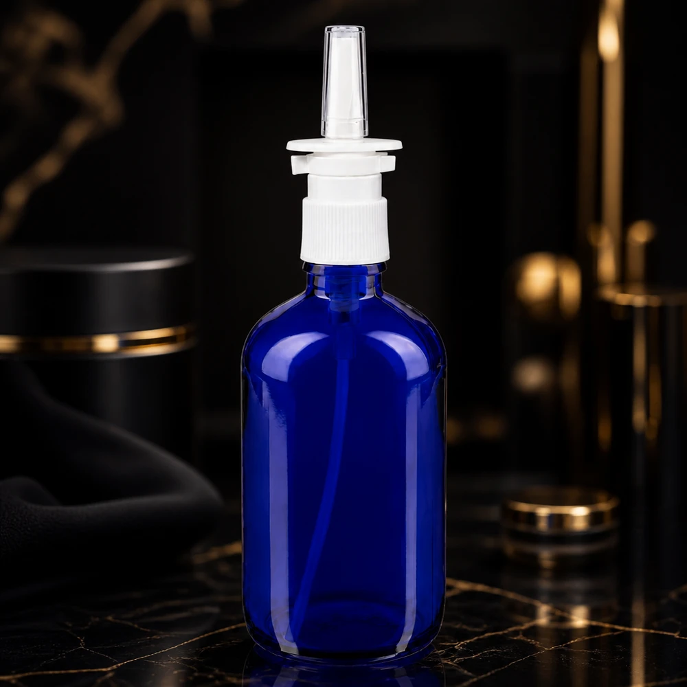 Flacone spray nasale da 100 ml in vetro blu con pompa dosatrice bianca e beccuccio in plastica trasparente