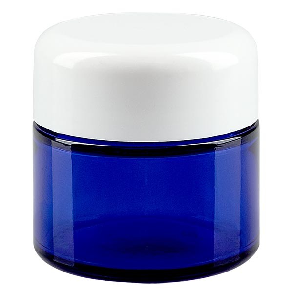 Barattolo in vetro da 50ml blu reale, con coperchio in bachelite bianca ApoGlas