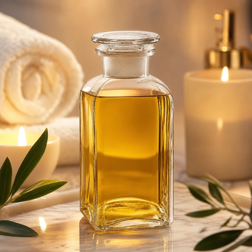Bottiglia quadrata trasparente da 350 ml con tappo in vetro, contenente olio dorato in un ambiente da spa