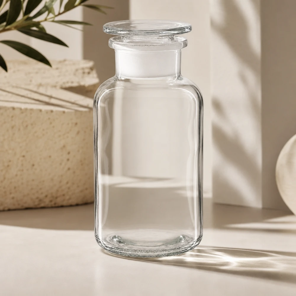 Fiaschetta a collo largo in vetro borosilicato da 500 ml con tappo in vetro molato, chiudibile ermeticamente